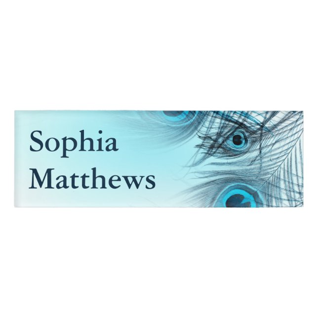 Modern Blue Peacock Feathers Name Tag (Front)