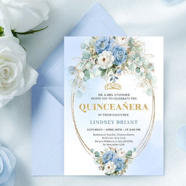 Modern Blue Peony Quinceañera 15th Birthday Invite (Modern Blue Peony Quinceañera 15th Birthday Invitation)