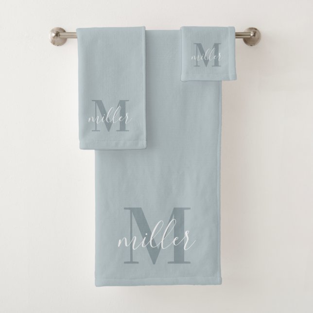 Modern Blue Personalised Family Name Monogram Bath Towel Set (Insitu)