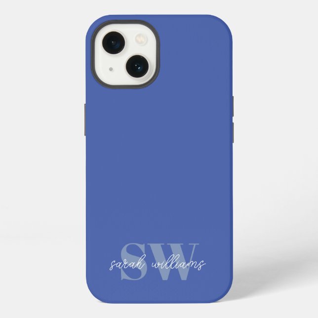 Modern Blue Personalised Monogram Name iPhone Case (Back)