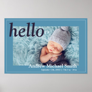 Modern Blue Photo Birth Announcement Poster