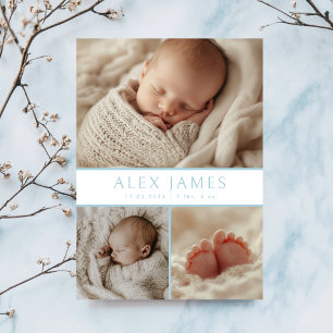 Modern Blue Photo Collage Baby Birth Announcement
