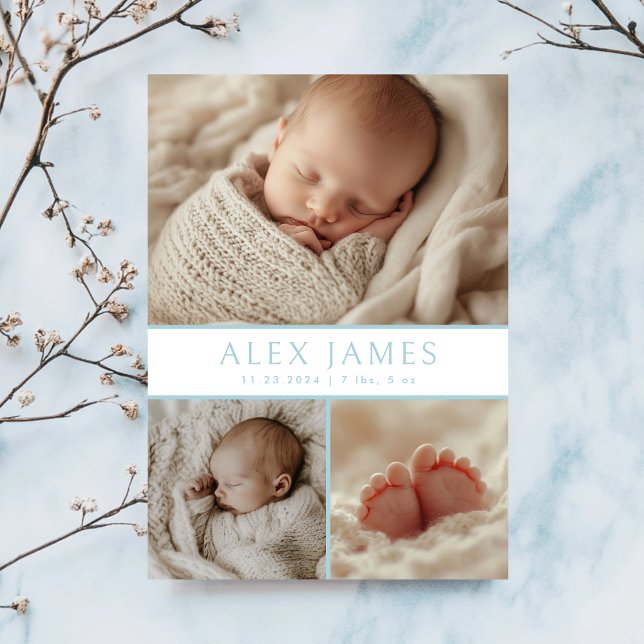 Modern Blue Photo Collage Baby Birth Announcement (Creator Uploaded)