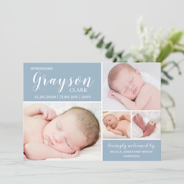 Modern Blue Photo Collage Baby Boy Birth Announcement (Standing Front)
