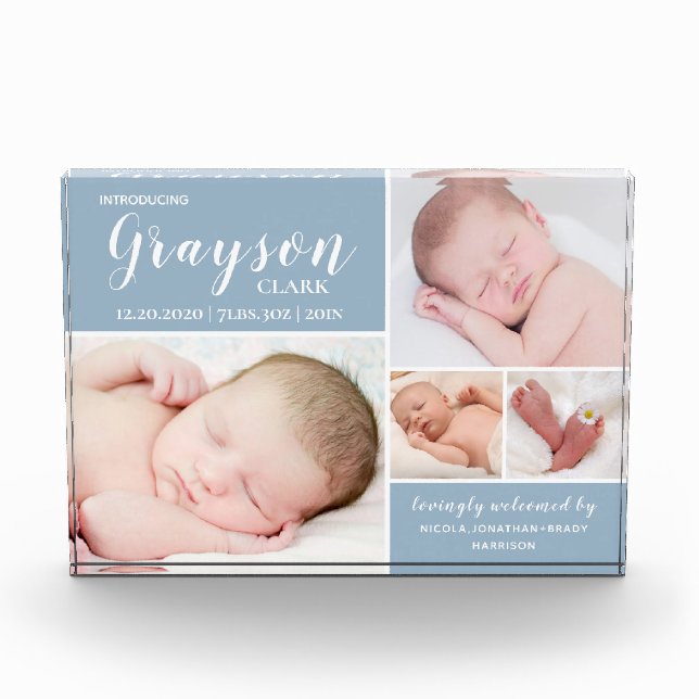 Modern Blue Photo Collage Baby Boy Photo Block (Front)