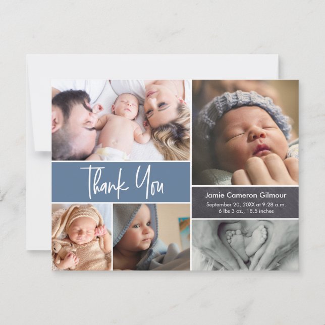 Modern Blue Photo Collage Baby Shower  Thank You Card (Front)