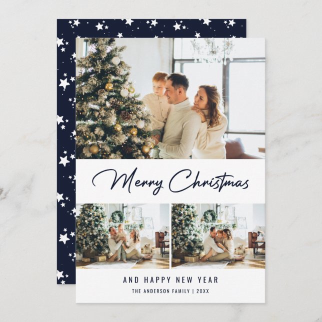 Modern Blue Photo Collage Christmas New Year Card (Front/Back)
