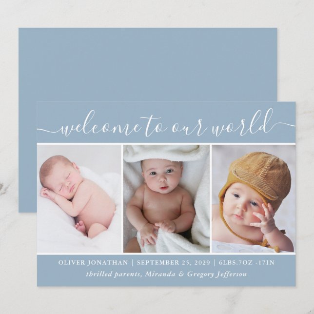 Modern Blue Photo Collage Welcome Baby Boy Birth Announcement (Front/Back)