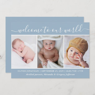 Modern Blue Photo Collage Welcome Baby Boy Birth Announcement