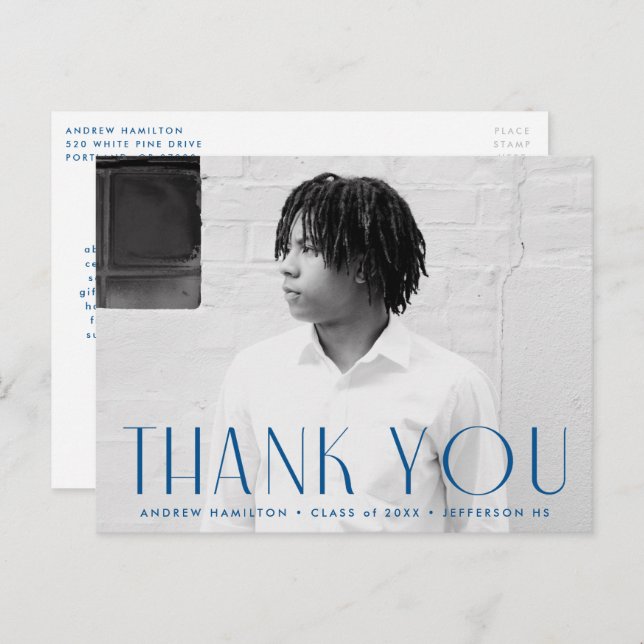 Modern Blue Photo Graduation Thank You Postcard (Front/Back)