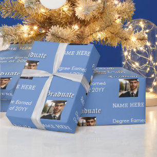 Modern Blue Photo, Name, Degree, Graduation Class Wrapping Paper