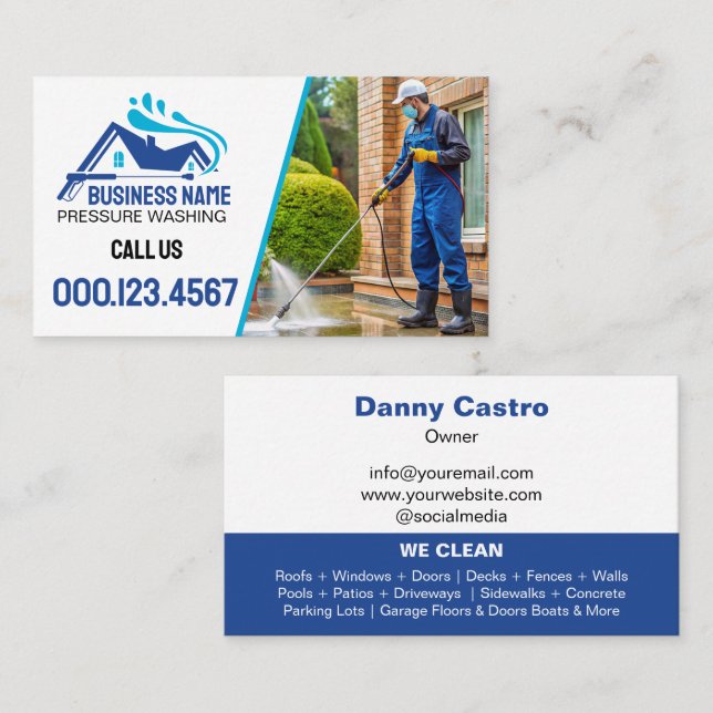 Modern Blue Photo Pressure Washing Business Card (Front/Back)