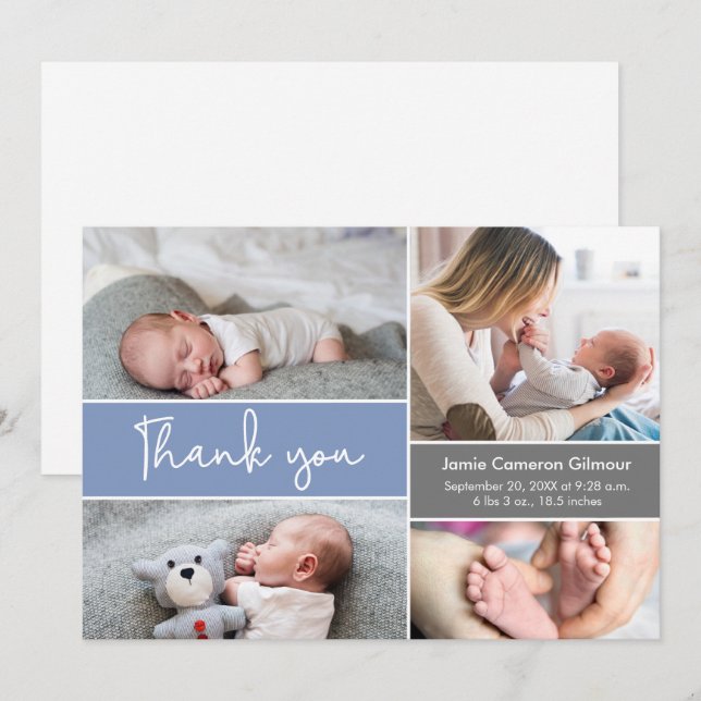 Modern blue Photos Baby Shower Thank you (Front/Back)