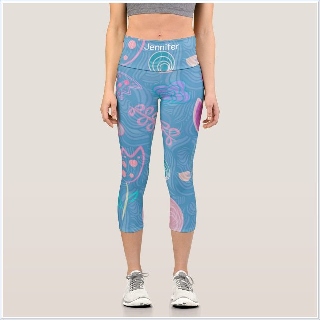 Modern Blue Pink and Purple Floral Tulip Capri Leggings (Creator Uploaded)