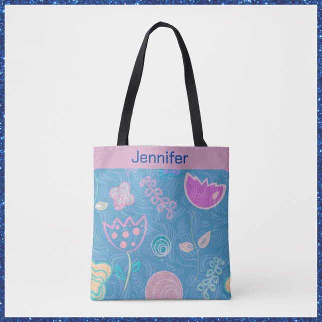 Modern Blue Pink and Purple Floral Tulip Tote Bag (Creator Uploaded)