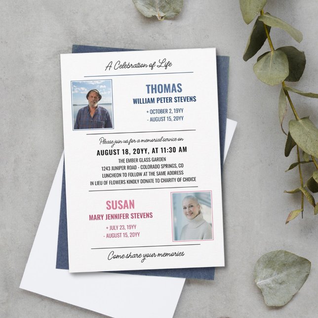 Modern Blue Pink Life Celebration Double Memorial Invitation (Creator Uploaded)