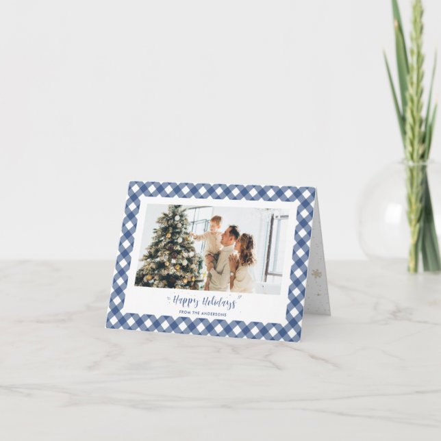 Modern Blue Plaid Calligraphy Photo Holiday Card (Front)