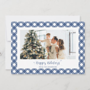 Modern Blue Plaid Calligraphy Photo Holiday Card