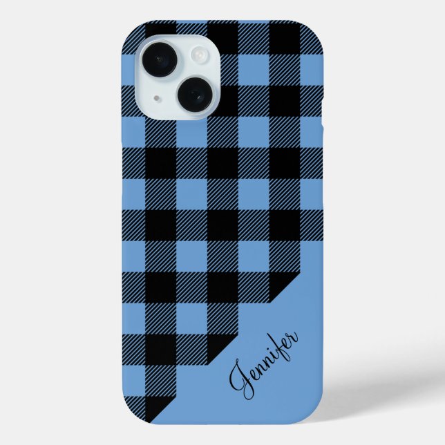 Modern Blue Plaid Check Pattern Name Case-Mate iPhone Case (Back)