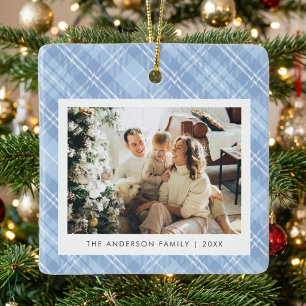 Modern Blue Plaid Family Photo Christmas Ceramic Ornament