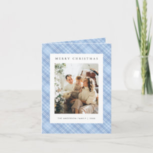 Modern Blue Plaid Family Photo Christmas Holiday Card