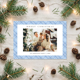 Modern Blue Plaid Family Photo Christmas Holiday Card