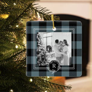 Modern Blue Plaid   Family Photo   Initial  Ceramic Ornament