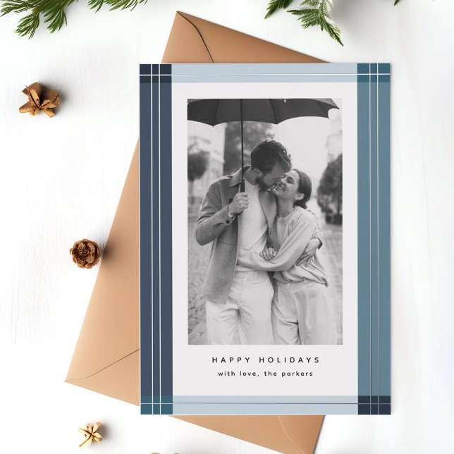 Modern Blue Plaid Frame Christmas Photo Foil Holiday Card (blue plaid frame holiday photo card template)