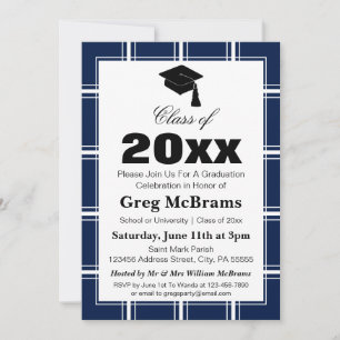 Modern Blue Plaid Graduation Party Invitation