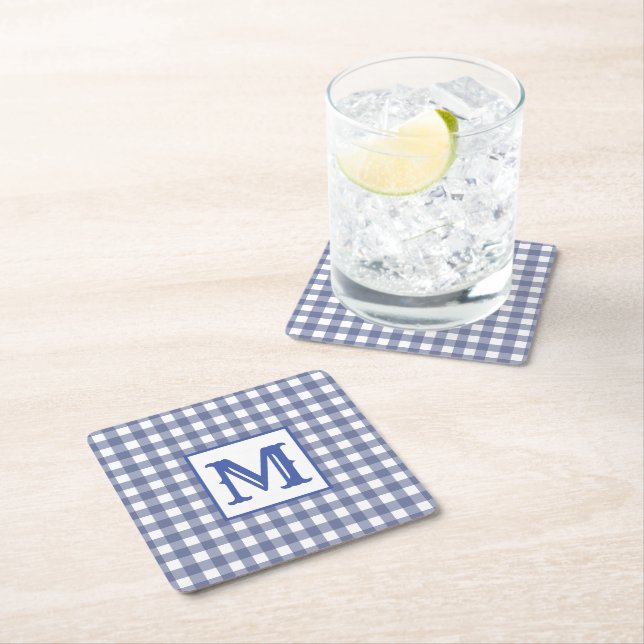 Modern Blue Plaid Monogram Square Paper Coaster (Insitu)