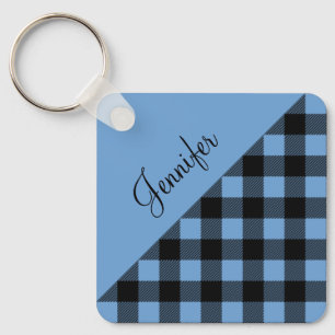 Modern Blue Plaid Name Key Ring
