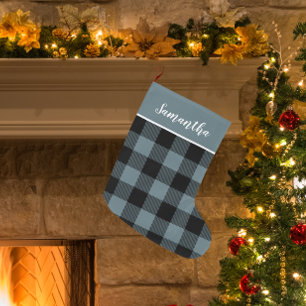 Modern Blue Plaid & Name Large Christmas Stocking