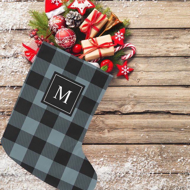 Modern Blue Plaid & Name Large Christmas Stocking (Creator Uploaded)