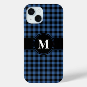 Modern Blue Plaid Pattern Monogram iPhone 15 Case