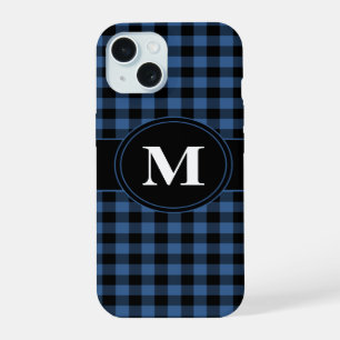 Modern Blue Plaid Pattern Monogram iPhone 15 Case