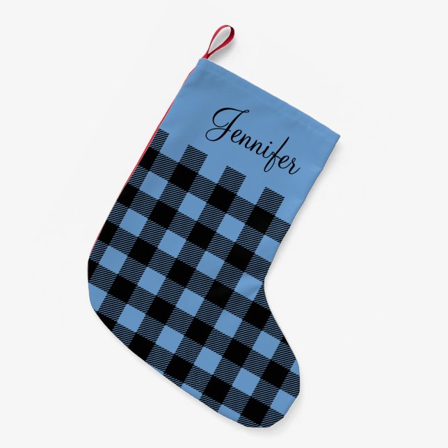 Modern Blue Plaid Pattern Name Small Christmas Stocking (Front (Hanging))