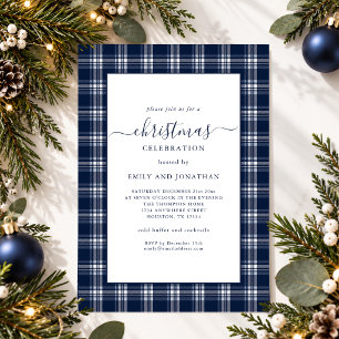 Modern Blue Plaid Tartan Christmas Party Invitation