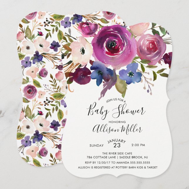 Modern Blue Plum Floral Baby Shower Invitation (Front/Back)