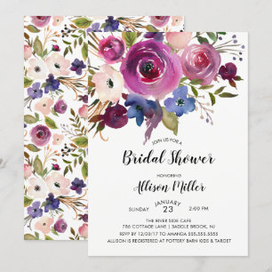 Modern Blue Plum Floral Bridal Shower Invitation