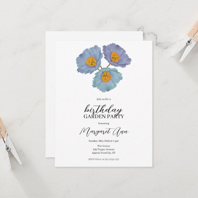 Modern Blue Poppy Floral Birthday Garden Party Invitation (Front/Back In Situ)