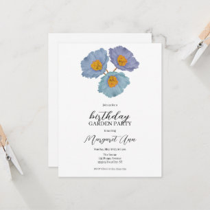 Modern Blue Poppy Floral Birthday Garden Party Invitation