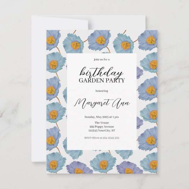 Modern Blue Poppy Floral Birthday Garden Party Invitation (Front)