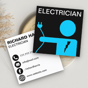 Modern Blue Power Plug Electrician Square Business Card
