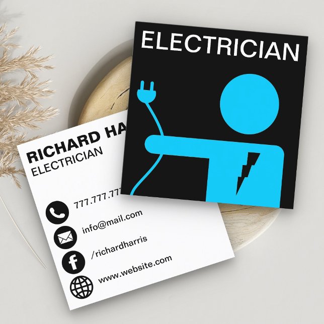 Modern Blue Power Plug Electrician Square Business Card (Creator Uploaded)
