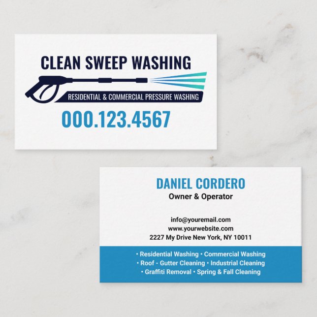 Modern Blue Power Wash Cleaning Business Card (Front/Back)