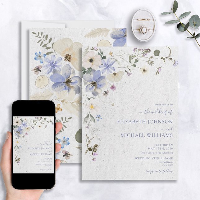 Modern Blue Pressed Dried Wildflowers Wedding Invitation (Creator Uploaded)