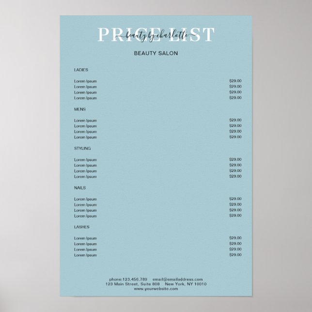 Modern Blue Price List Poster (Front)