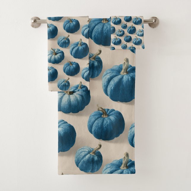 Modern Blue Pumpkin Fall Design Bath Towel Set (Insitu)