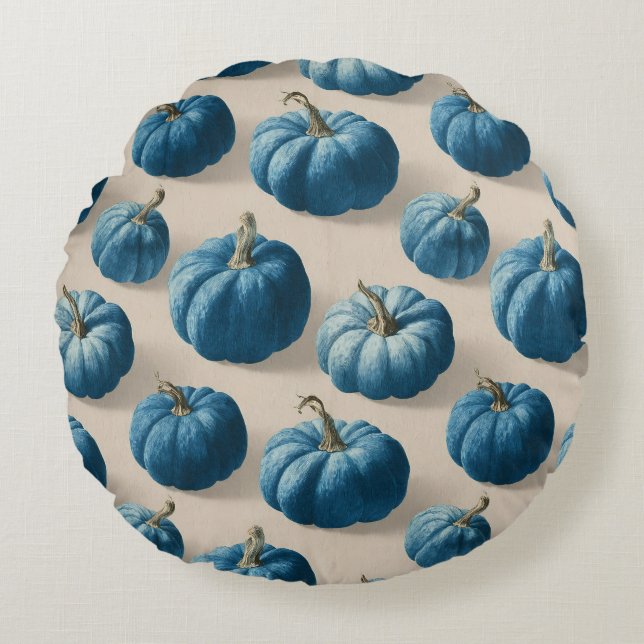 Modern Blue Pumpkin Fall Design Round Cushion (Front)