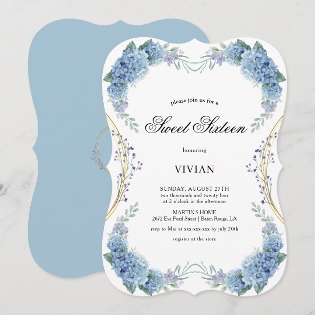 Modern Blue purple Floral  Sweet Sixteen Invitation (Front/Back)